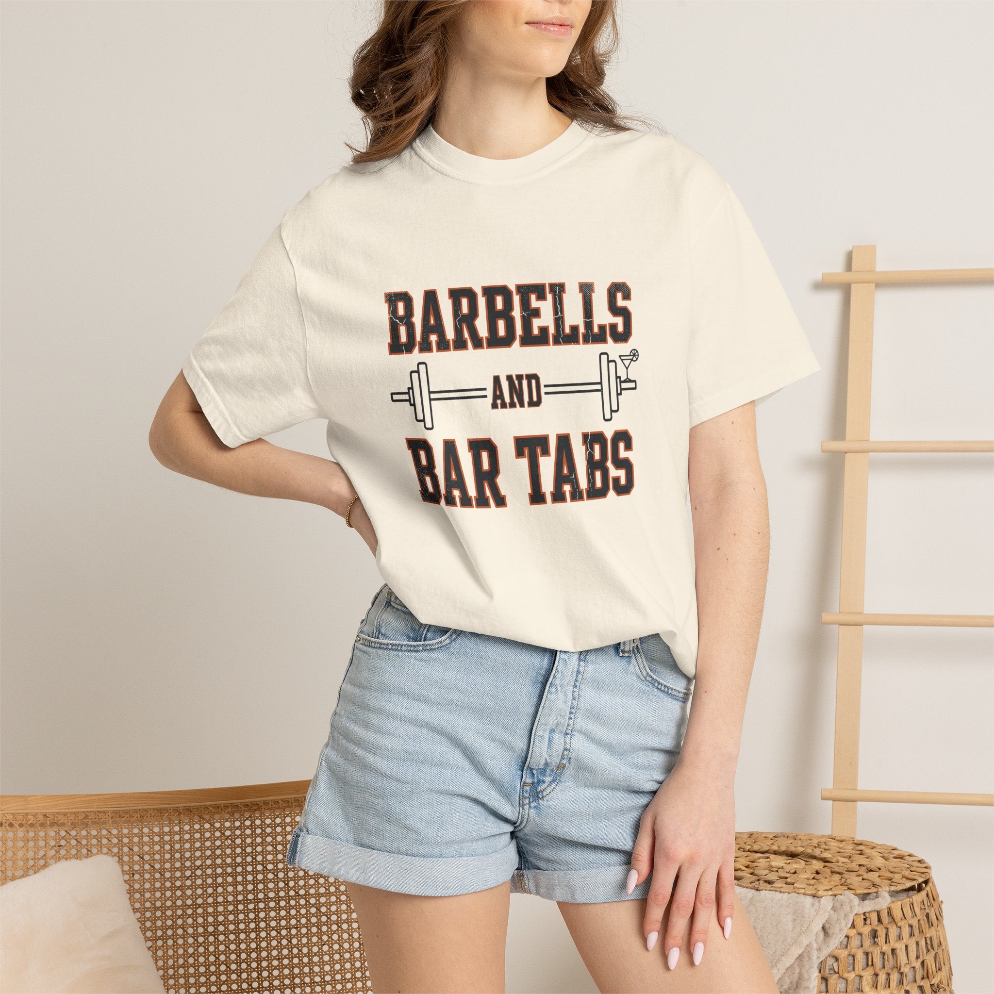 Barbells And Bar Tabs distressed collegiate design with a barbell and a cocktail glass on a garment dyed Comfort Colors tee