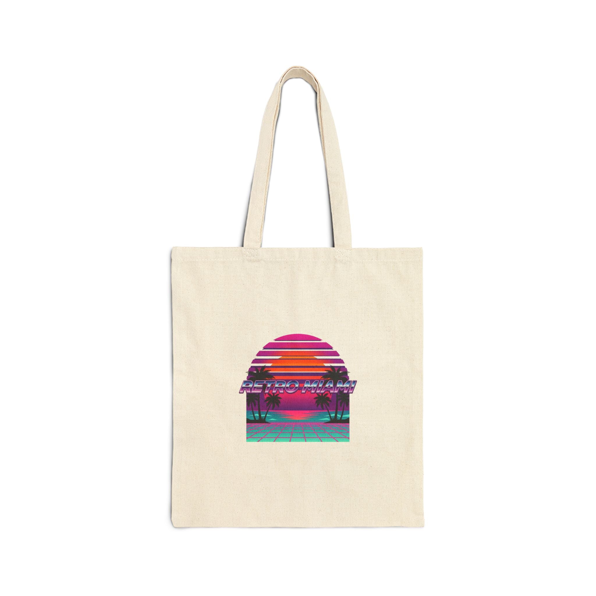 Retro Miami Sunset Canvas Tote Bag | 80s Synthwave Beach Tote