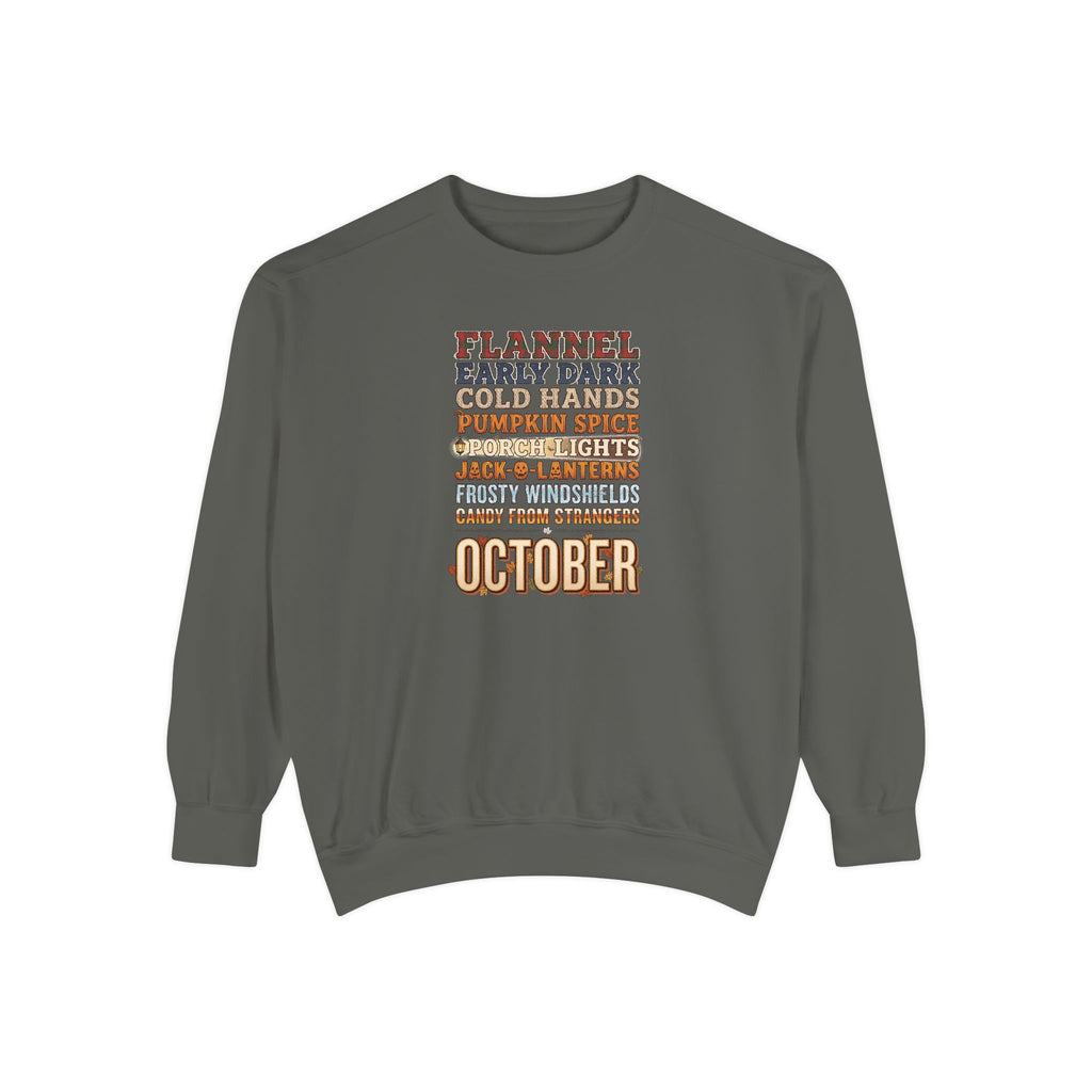October Crewneck Sweatshirt | Flannel Early Dark Cold Hands Fall List | Comfort Colors Garment Dyed