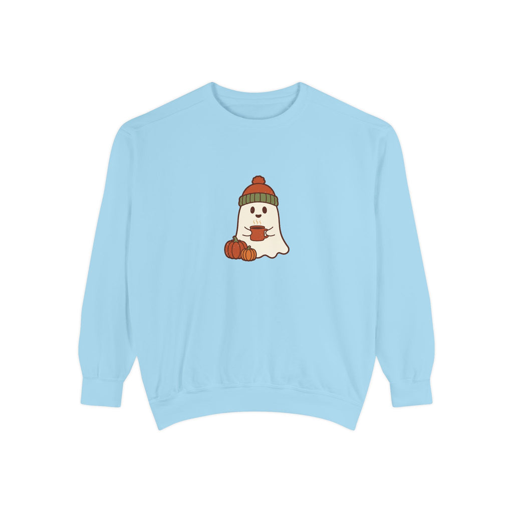 Retro Ghost Crewneck Sweatshirt | Ghost in a Knitted Beanie Cocoa Art | Comfort Colors Garment Dyed