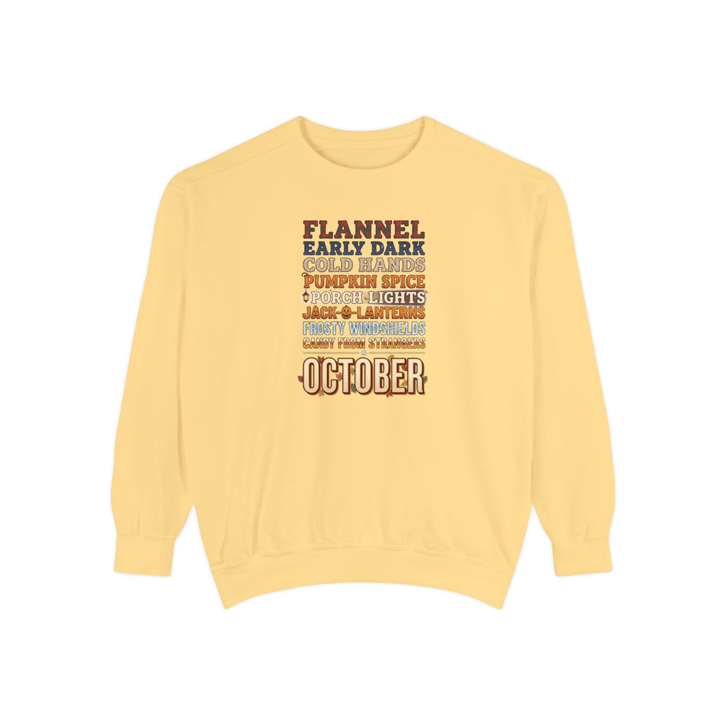 October Crewneck Sweatshirt | Flannel Early Dark Cold Hands Fall List | Comfort Colors Garment Dyed