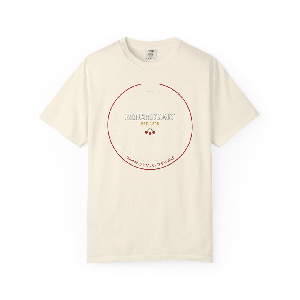 Traverse City Michigan tee on Ivory Comfort Colors — Cherry Capital of the World, EST. 1895, cherries emblem