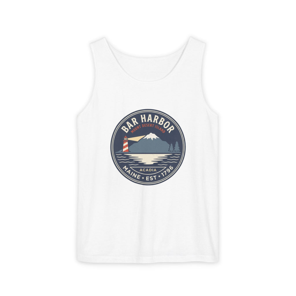 Bar Harbor Maine tank top with Acadia vintage badge: lighthouse, Cadillac Mountain, and evergreens in a navy double-ring roundel, EST 1796. Maine summer souvenir tank.