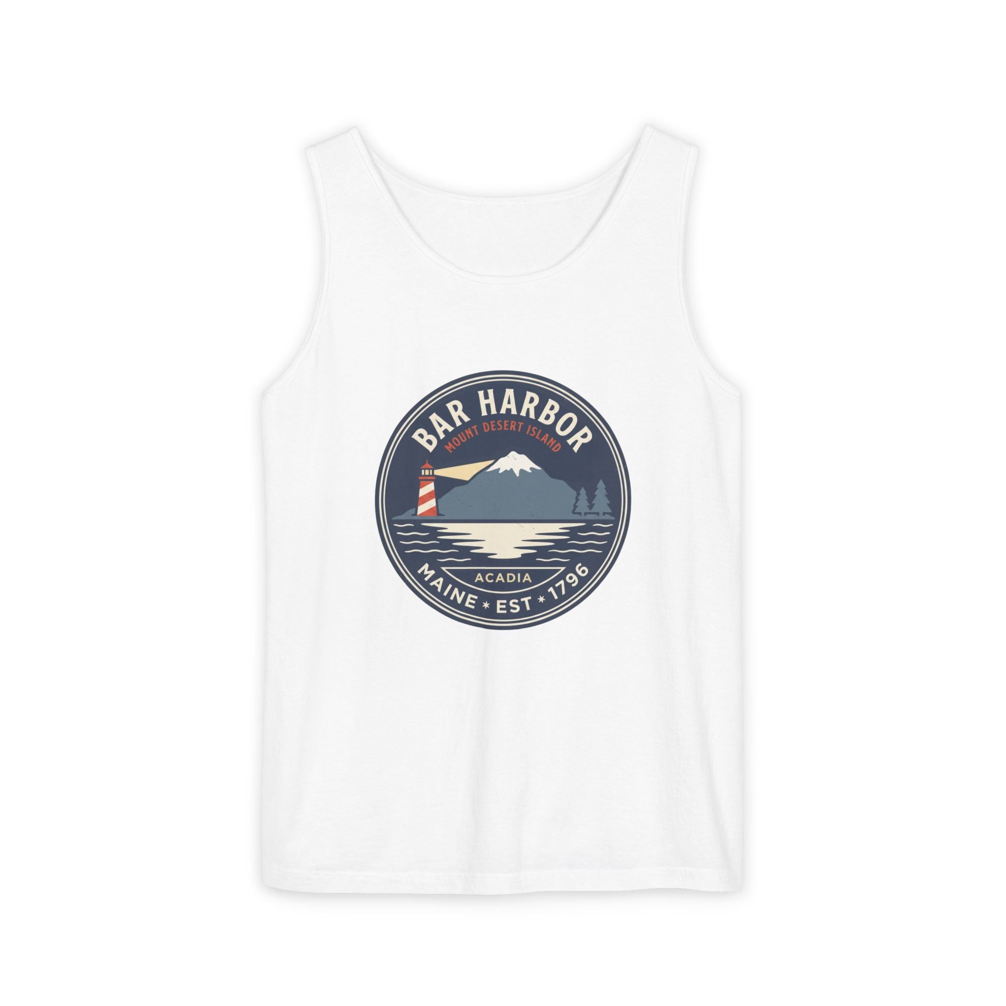 Bar Harbor Maine tank top with Acadia vintage badge: lighthouse, Cadillac Mountain, and evergreens in a navy double-ring roundel, EST 1796. Maine summer souvenir tank.