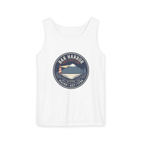 Bar Harbor Maine tank top with Acadia vintage badge: lighthouse, Cadillac Mountain, and evergreens in a navy double-ring roundel, EST 1796. Maine summer souvenir tank.