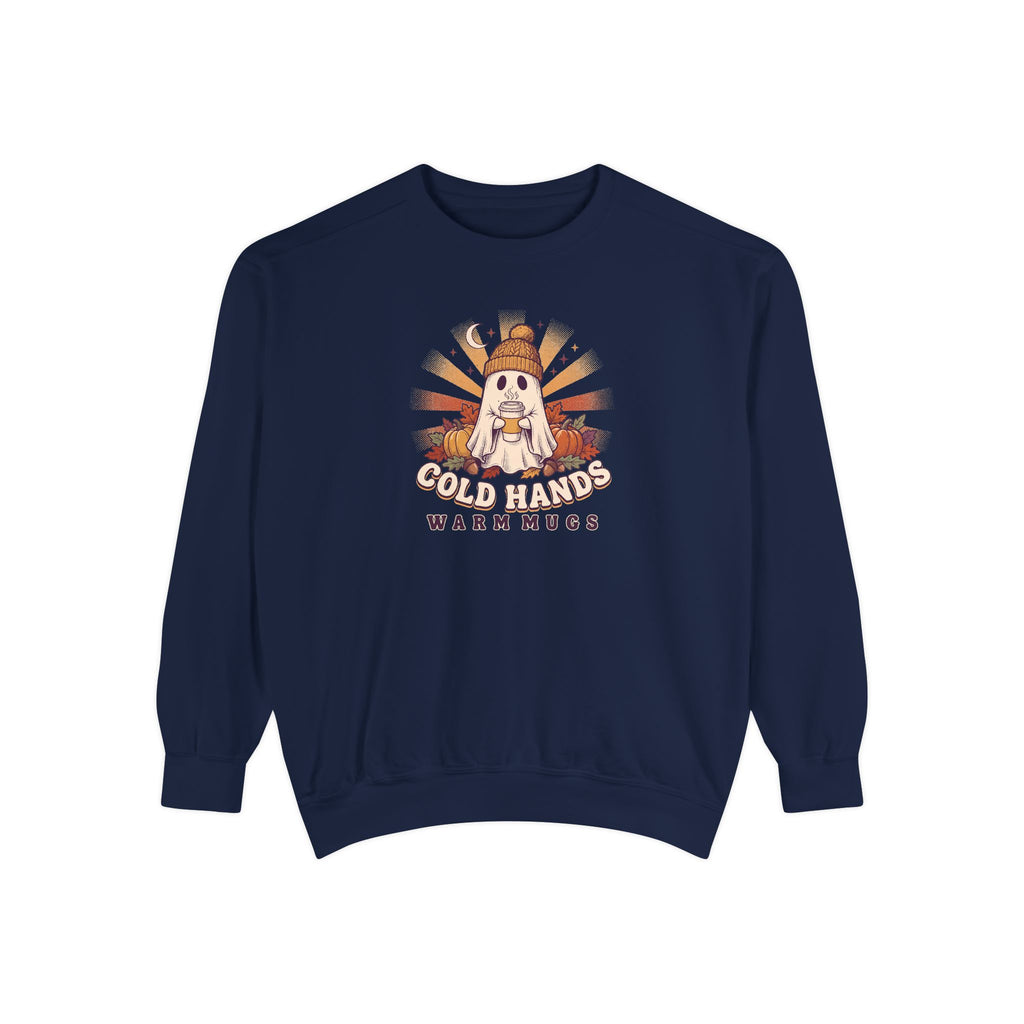 Cozy Ghost Crewneck Sweatshirt | Cold Hands Warm Mugs Fall Coffee Art | Comfort Colors Garment Dyed