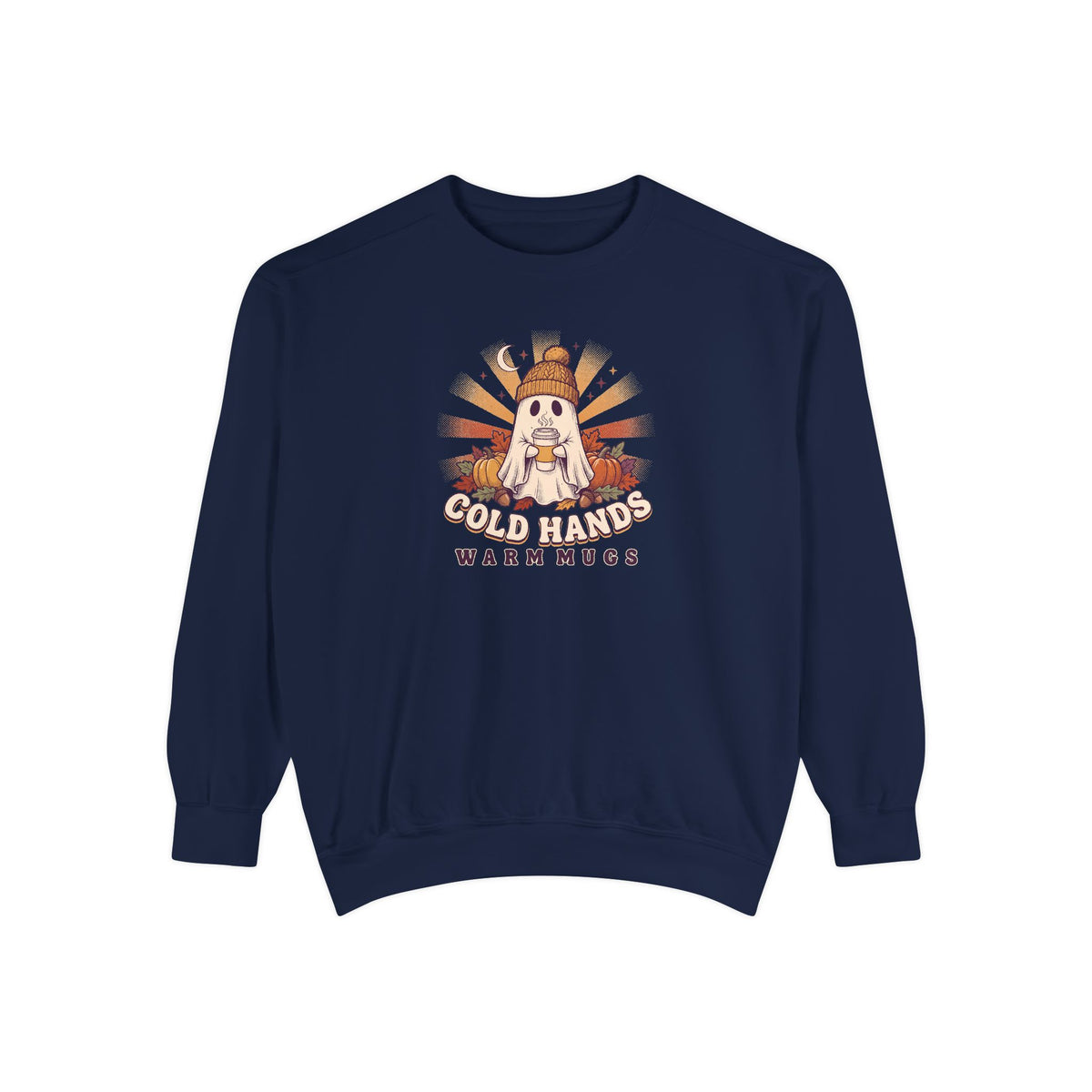 Cozy Ghost Crewneck Sweatshirt | Cold Hands Warm Mugs Fall Coffee Art | Comfort Colors Garment Dyed