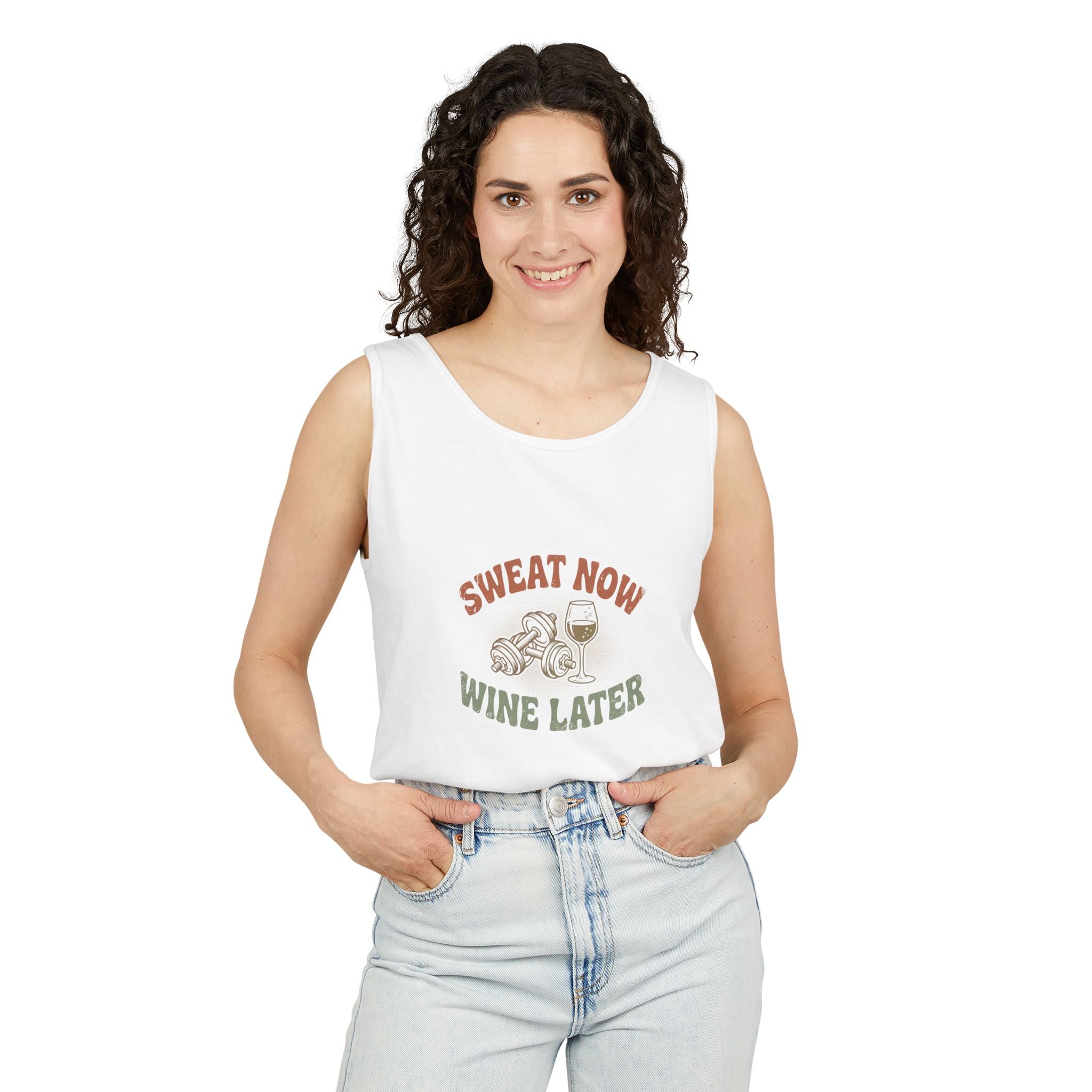 Sweat Now Wine Later Tank Top — Comfort Colors Garment-Dyed Gym & Wine Tank