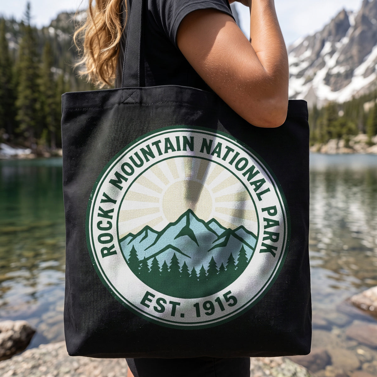 Rocky Mountain National Park Canvas Tote Bag in black, worn by an approved model, close lifestyle photograph