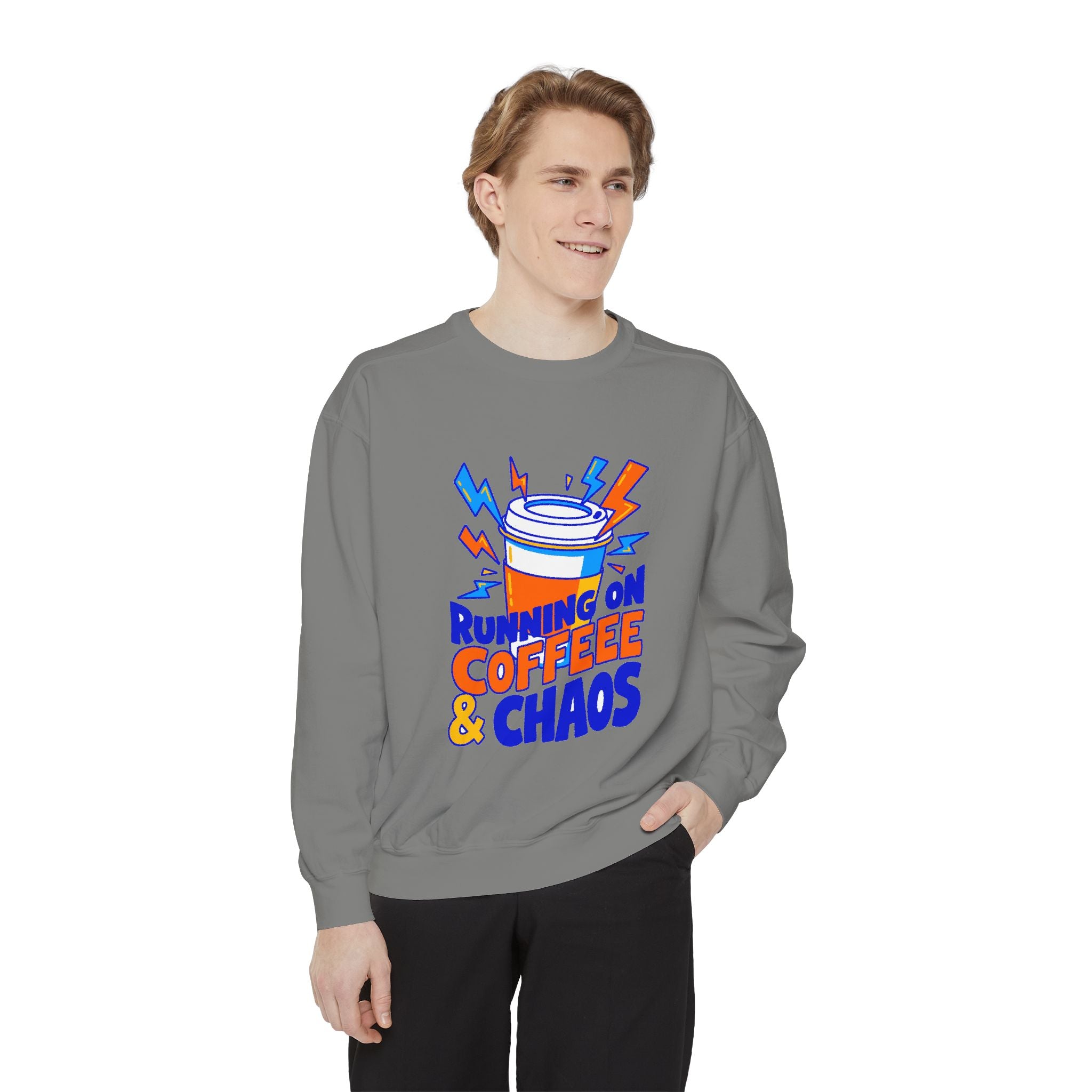 Funny Coffee Sweatshirt | Running on Coffee & Chaos