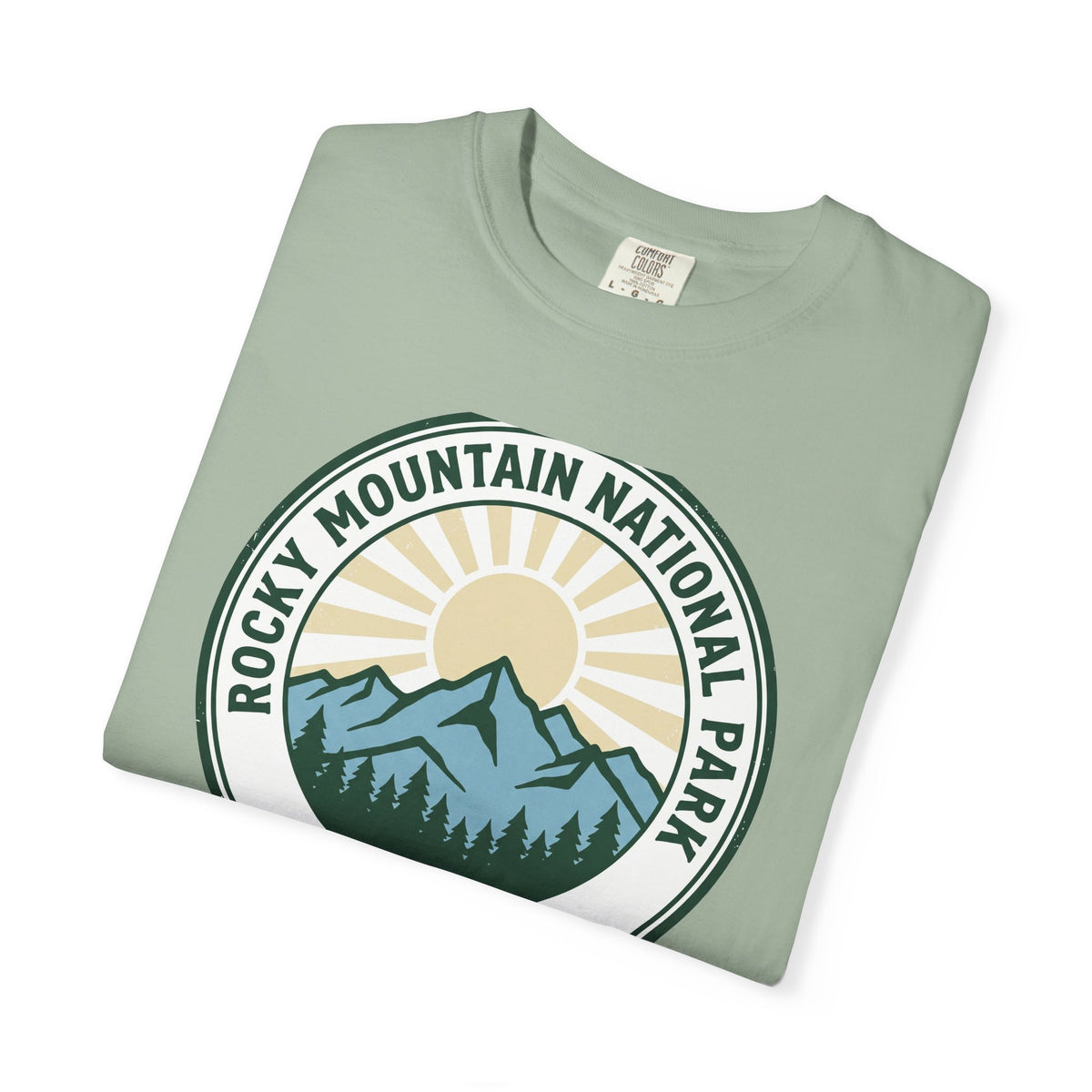 Rocky Mountain National Park vintage tee, EST. 1915 circular mountain sunrise badge, alternate product view