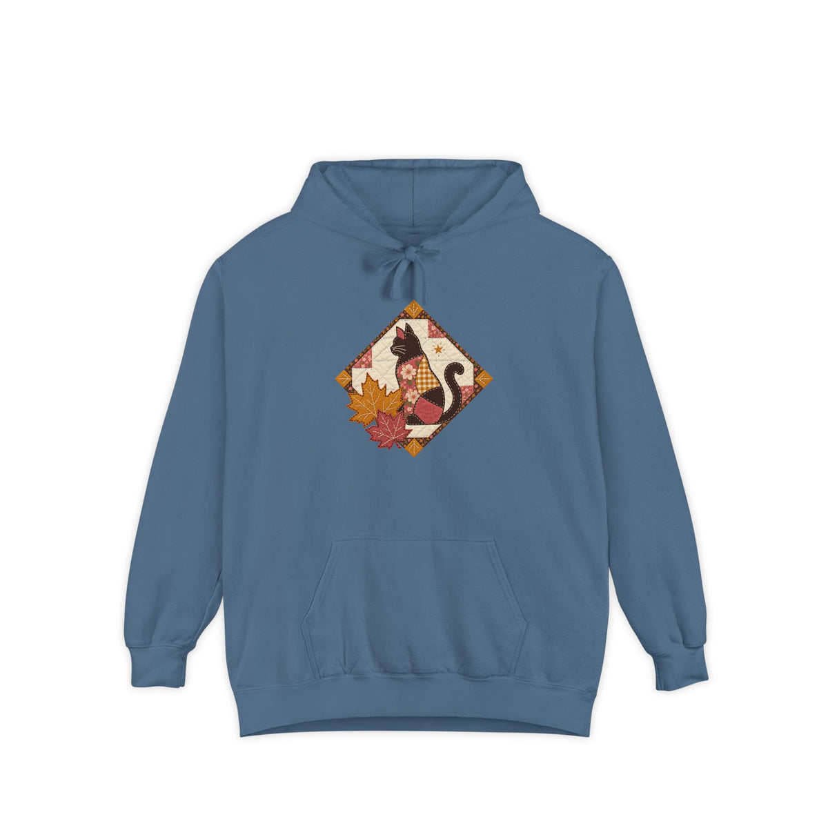 Black Cat Hoodie | Vintage Patchwork Quilt Fall Art | Comfort Colors Garment Dyed