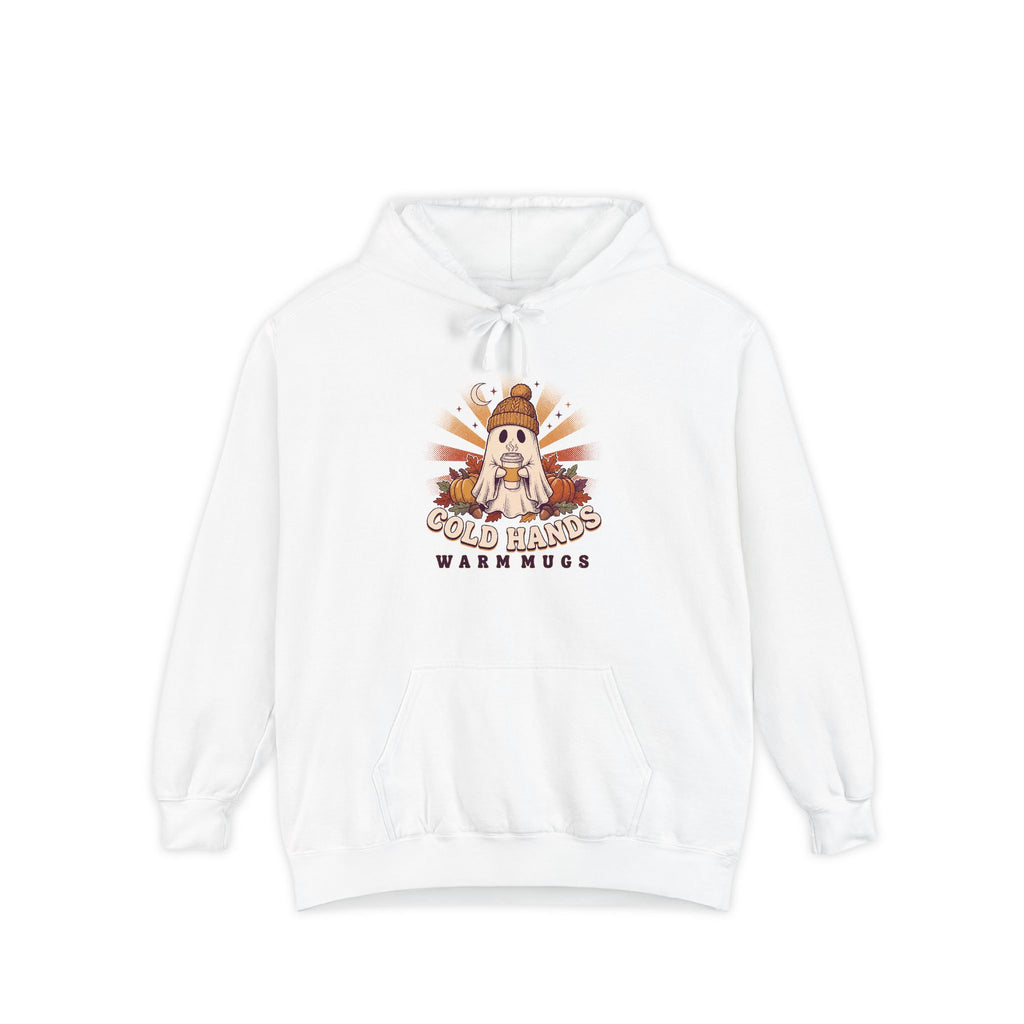 Cozy Ghost Hoodie | Cold Hands Warm Mugs Fall Coffee Art | Comfort Colors Garment Dyed