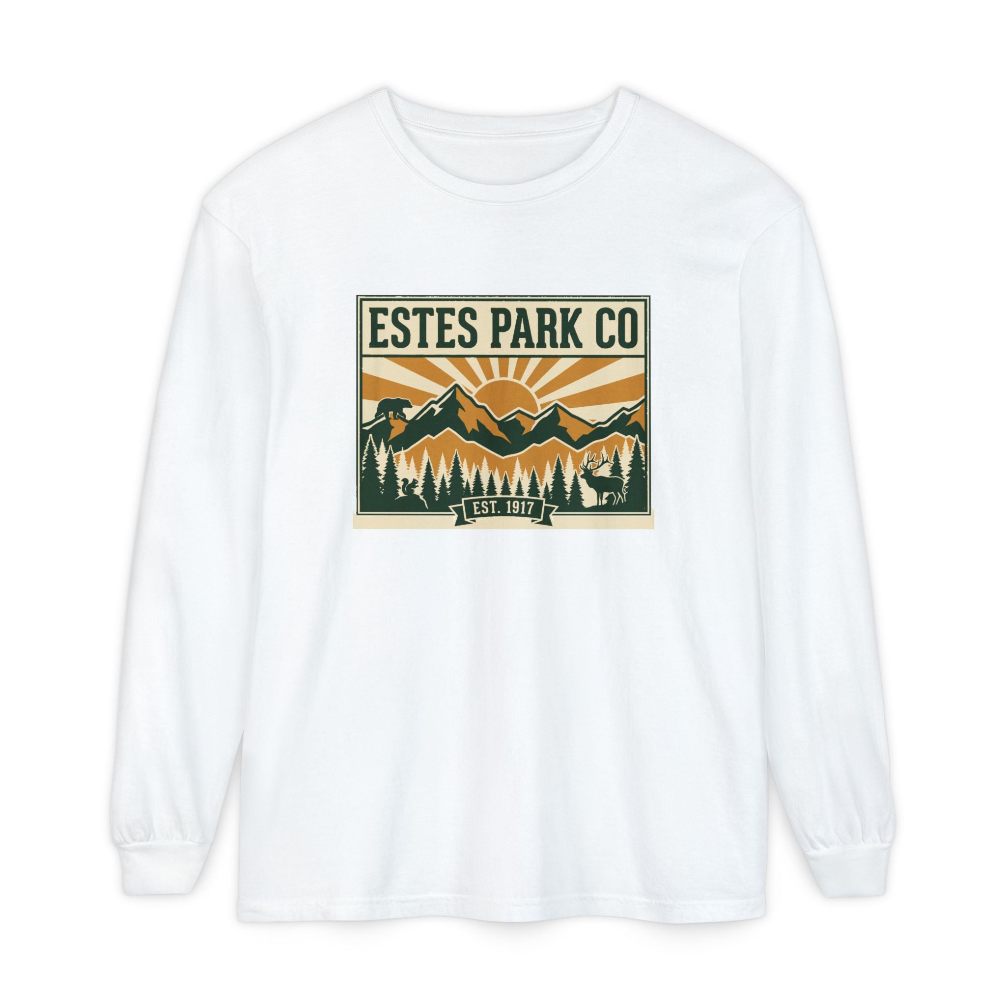 Estes Park CO Hidden Wildlife Long Sleeve Tee | Forest Green EST. 1917 | Comfort Colors
