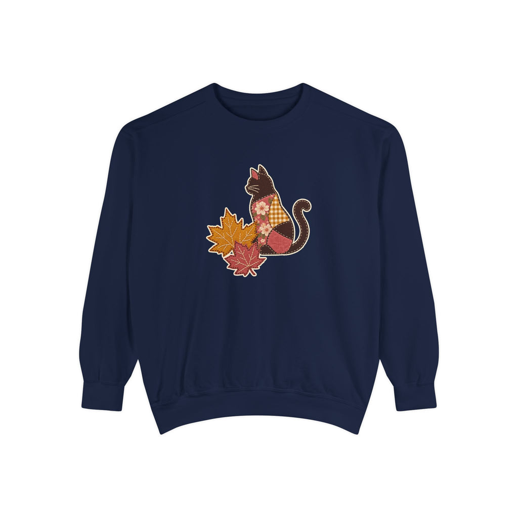 Black Cat Crewneck Sweatshirt | Patchwork Cat and Fall Leaves | Comfort Colors Garment Dyed