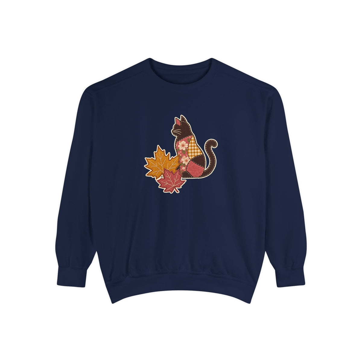 Black Cat Crewneck Sweatshirt | Patchwork Cat and Fall Leaves | Comfort Colors Garment Dyed