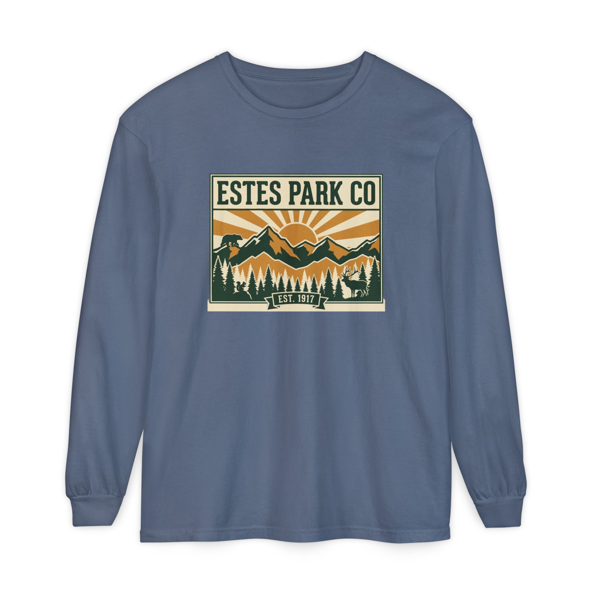 Estes Park CO Hidden Wildlife Long Sleeve Tee | Forest Green EST. 1917 | Comfort Colors