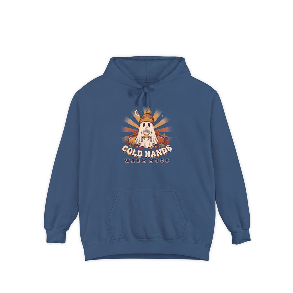 Cozy Ghost Hoodie | Cold Hands Warm Mugs Fall Coffee Art | Comfort Colors Garment Dyed