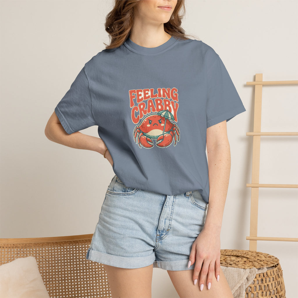 Feeling Crabby funny crab beach tee on Comfort Colors garment dyed cotton, grumpy retro crab under a beach umbrella