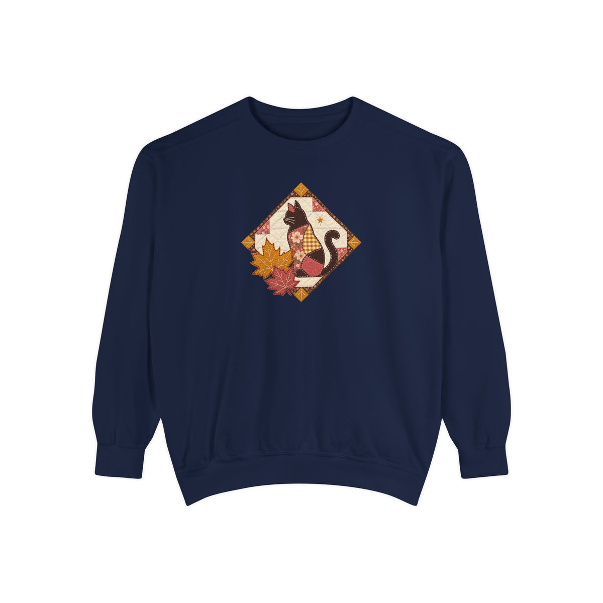 Black Cat Crewneck Sweatshirt | Vintage Patchwork Quilt Fall Art | Comfort Colors Garment Dyed