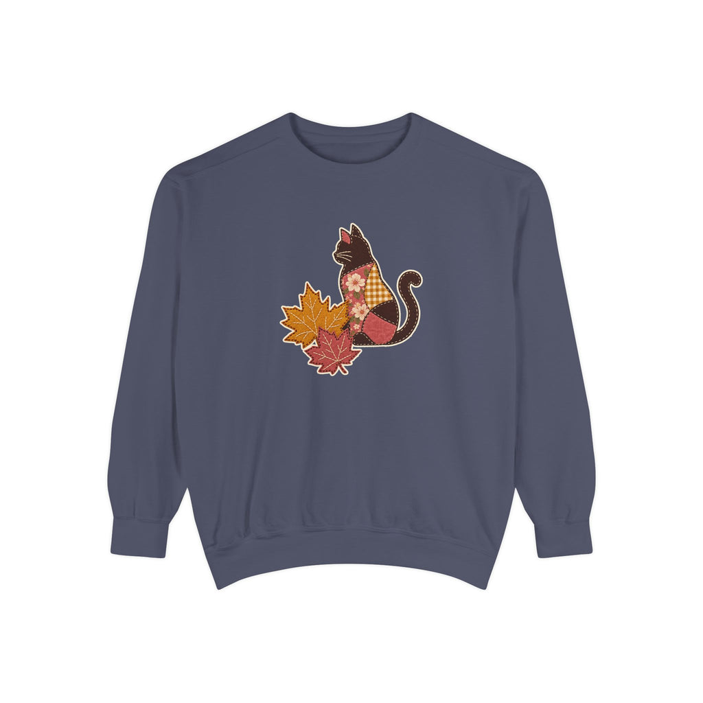 Black Cat Crewneck Sweatshirt | Patchwork Cat and Fall Leaves | Comfort Colors Garment Dyed