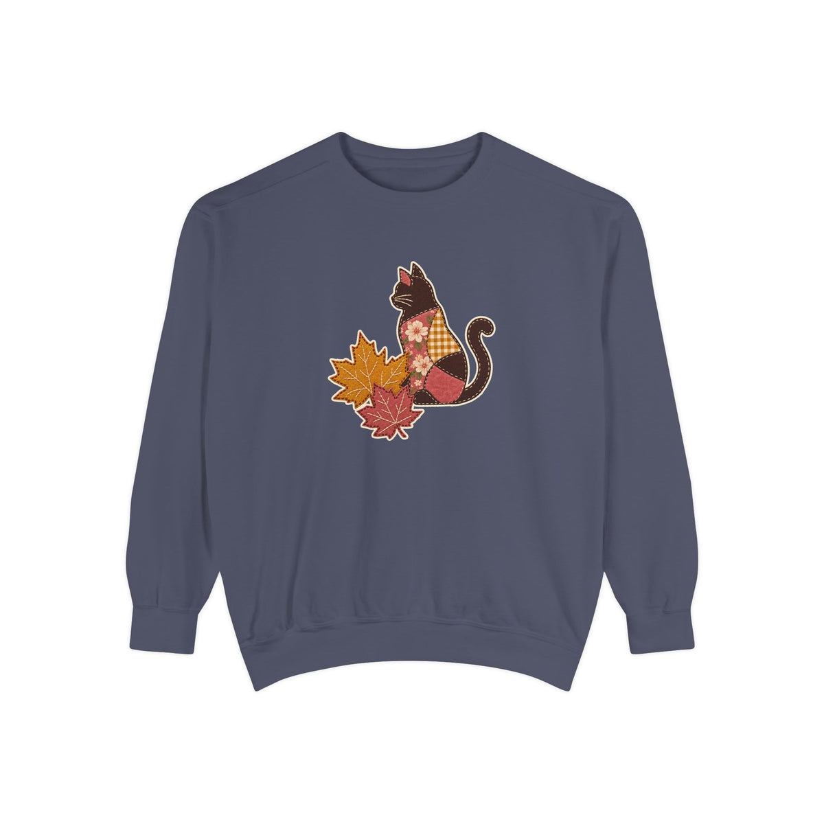 Black Cat Crewneck Sweatshirt | Patchwork Cat and Fall Leaves | Comfort Colors Garment Dyed