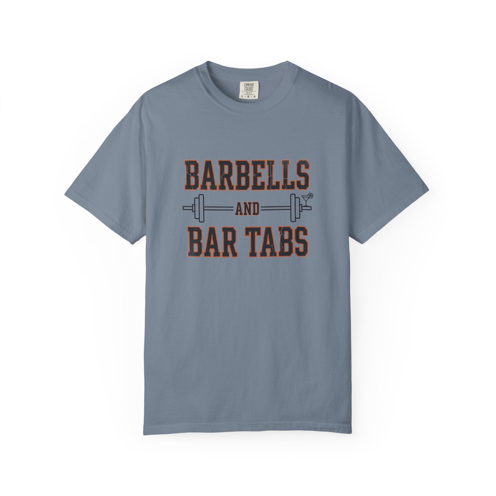 Blue Jean garment dyed Comfort Colors tee with the Barbells And Bar Tabs barbell and cocktail glass design