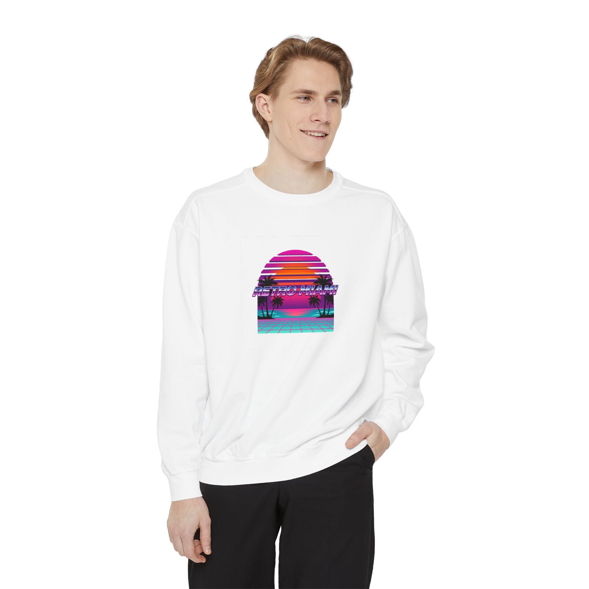 Retro Miami Sunset Crewneck — 80s Synthwave Comfort Colors Sweatshirt