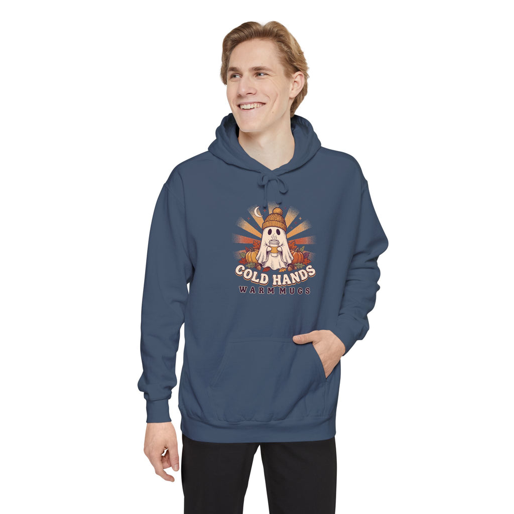 Cozy Ghost Hoodie | Cold Hands Warm Mugs Fall Coffee Art | Comfort Colors Garment Dyed