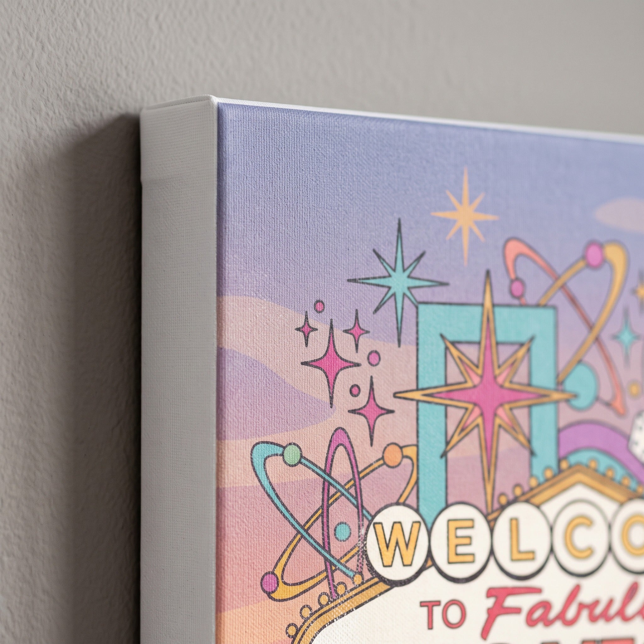 Corner detail of the welcome sign canvas showing the 0.75 inch gallery wrap