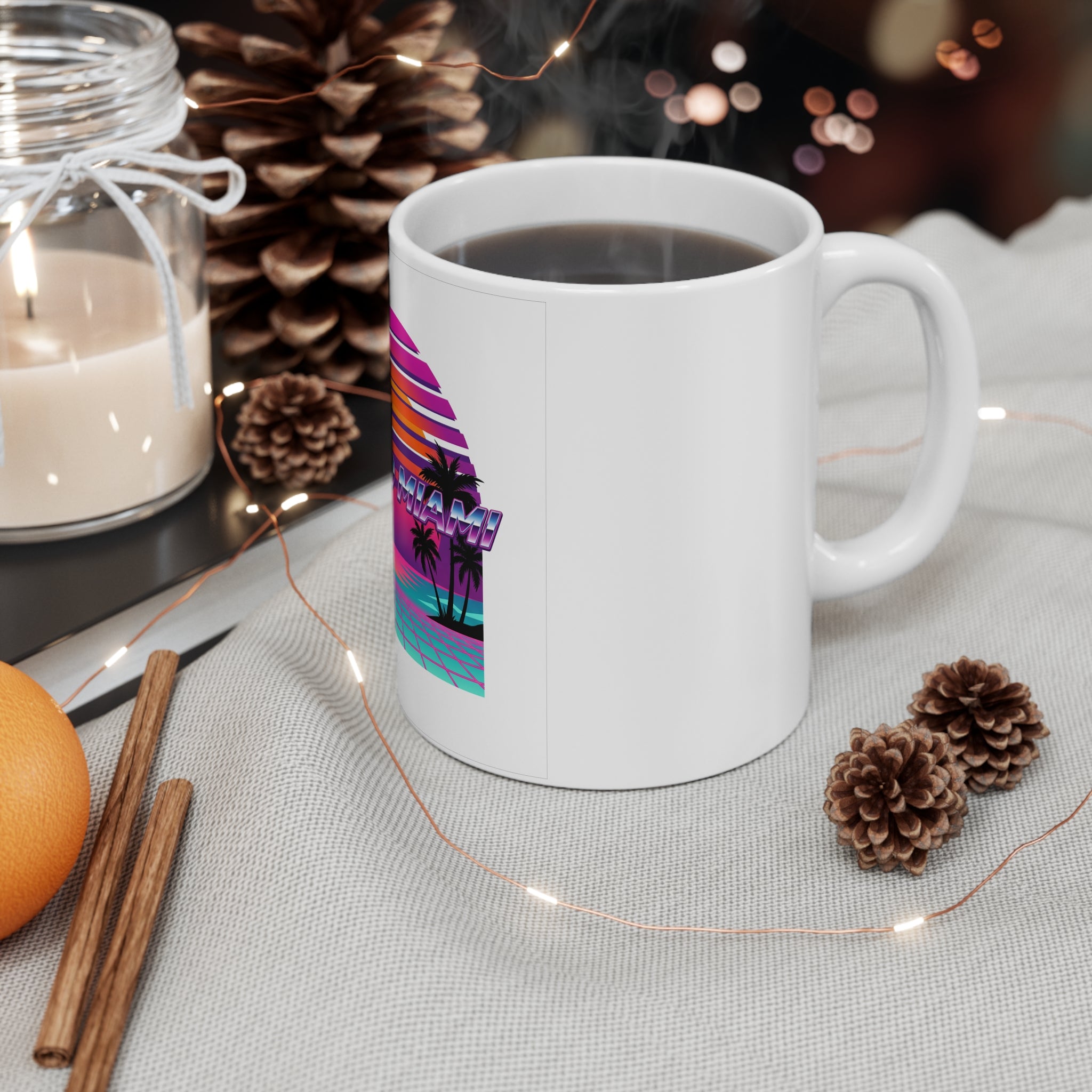 Retro Miami Sunset Mug — 80s Synthwave Ceramic Coffee Mug 11oz