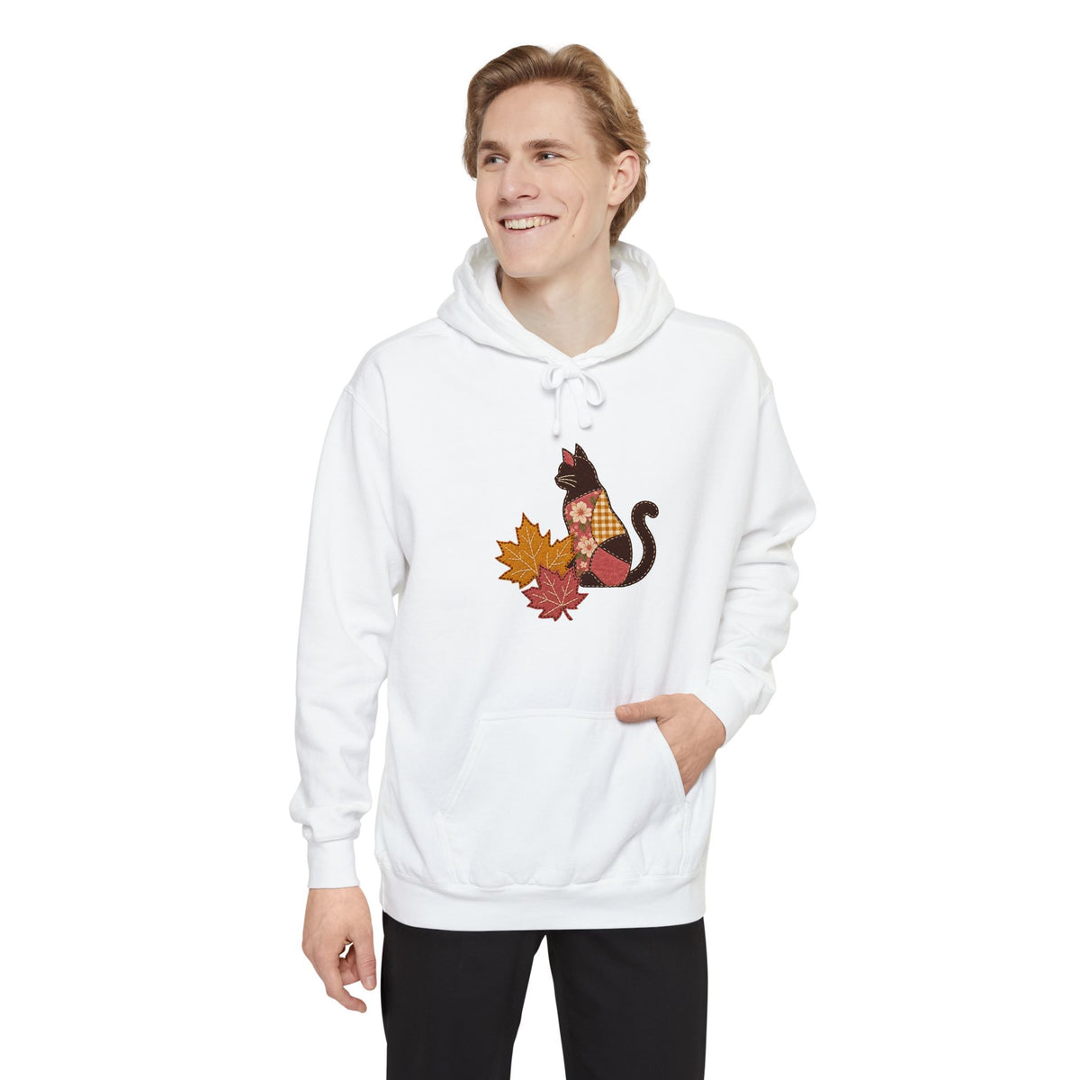 Black Cat Hoodie | Patchwork Cat and Fall Leaves | Comfort Colors Garment Dyed