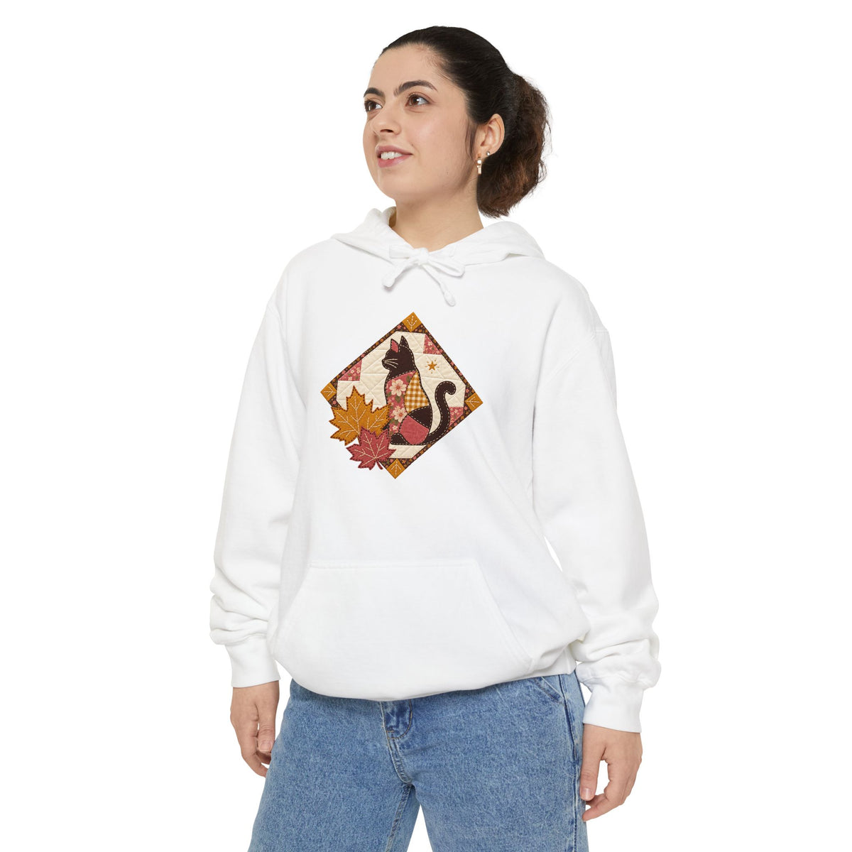 Black Cat Hoodie | Vintage Patchwork Quilt Fall Art | Comfort Colors Garment Dyed