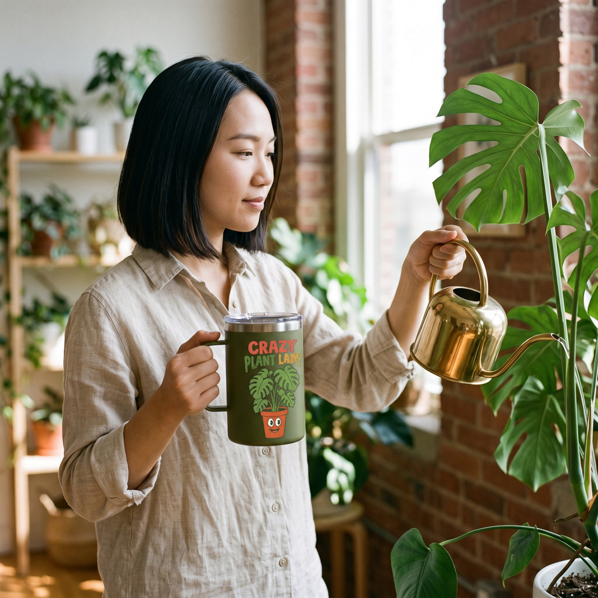 Crazy Plant Lady 15oz insulated mug in olive green, held by an approved model, wide lifestyle photograph