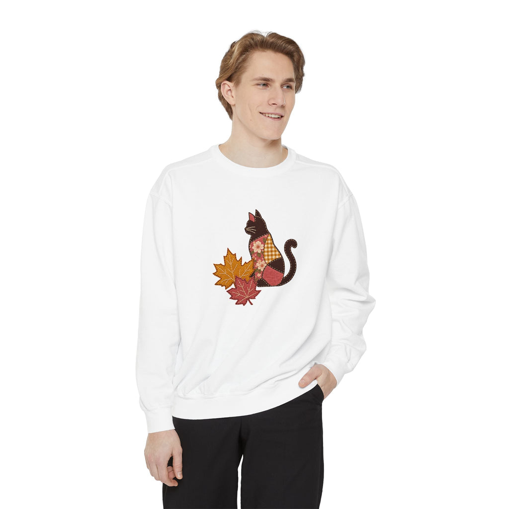 Black Cat Crewneck Sweatshirt | Patchwork Cat and Fall Leaves | Comfort Colors Garment Dyed