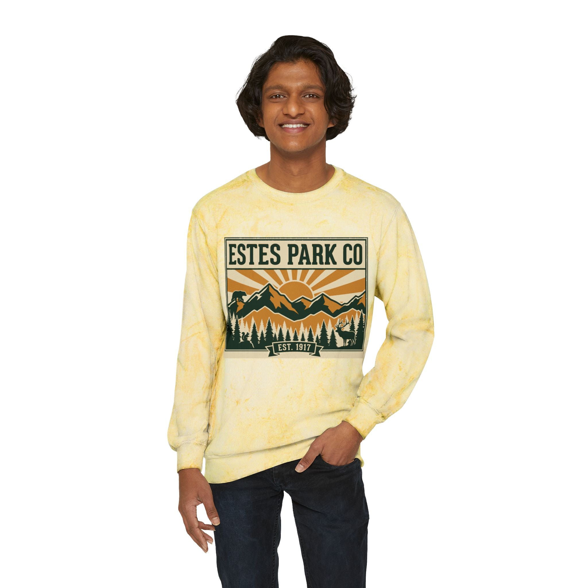 Estes Park CO Hidden Wildlife Crewneck Sweatshirt | Forest Green EST. 1917