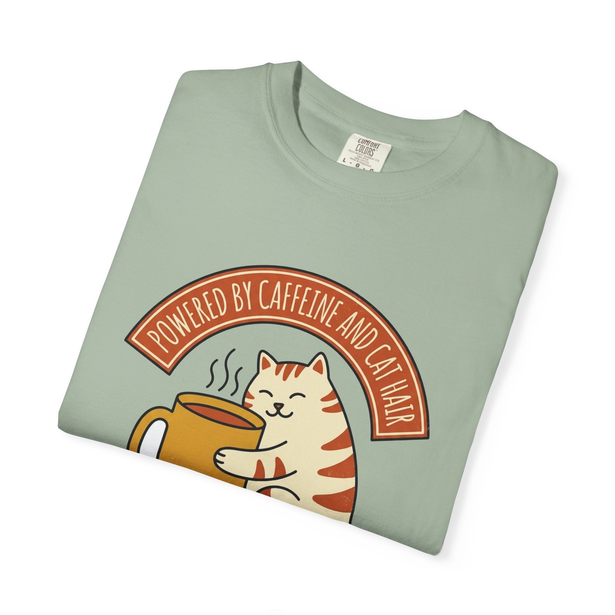 Cat Coffee Powered by Caffeine tee on Comfort Colors garment-dyed cotton, alternate product view