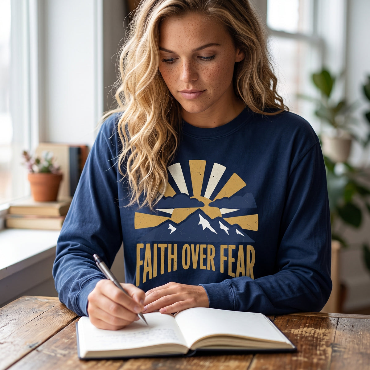 Faith Over Fear long sleeve tee in true navy, worn by an approved model, close lifestyle photograph