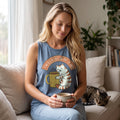 Cat Coffee Powered by Caffeine Tank in blue jean, worn by an approved model, wide lifestyle photograph