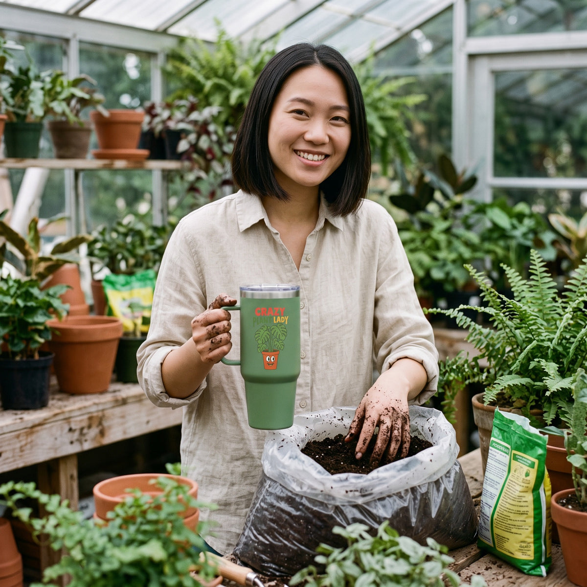 Crazy Plant Lady 15oz insulated mug in green, held by an approved model, mid lifestyle photograph