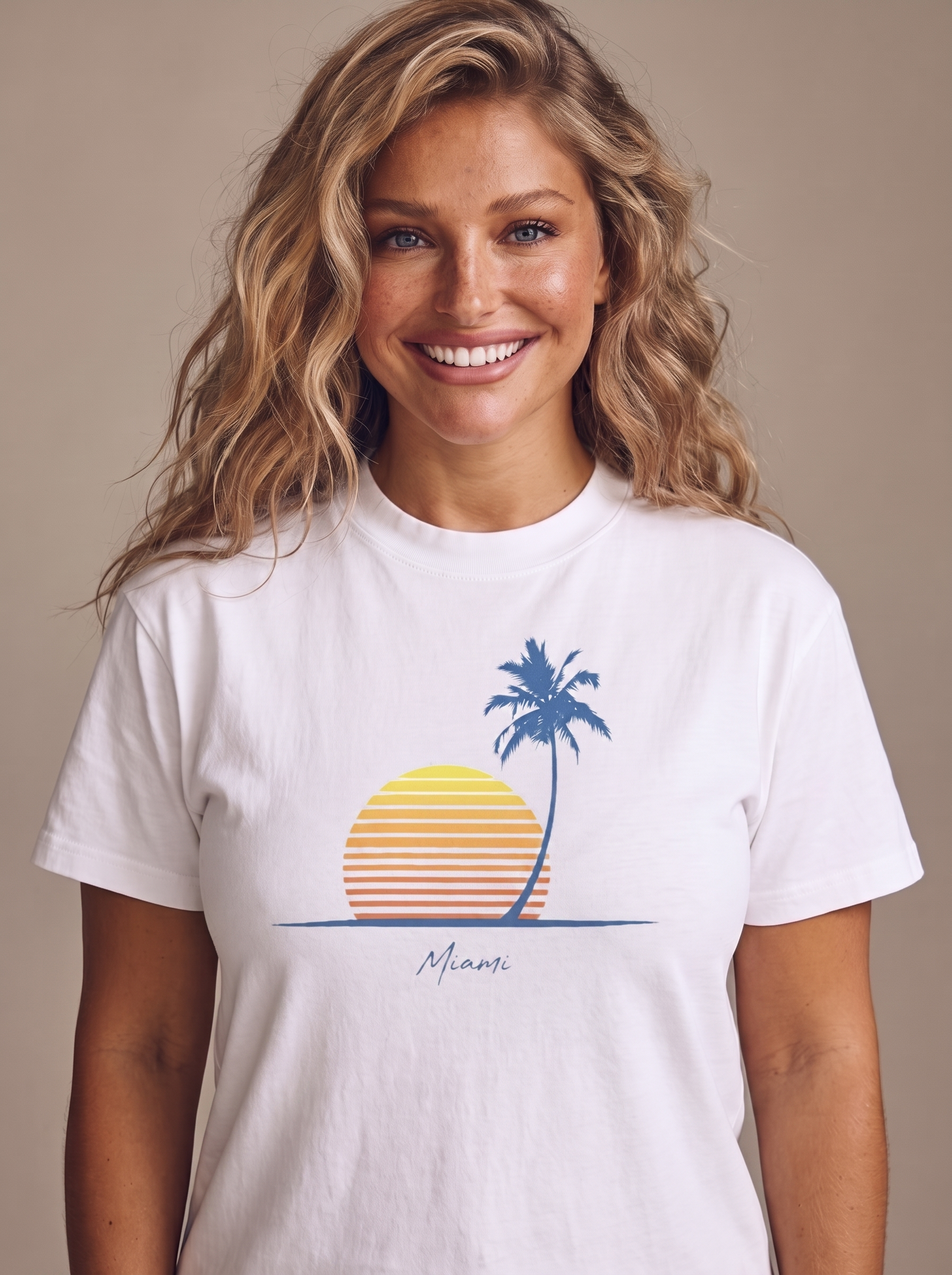 Woman wearing the Retro Miami Palm Sunset tee in White, single palm and sunset with Miami script screen printed on the center chest
