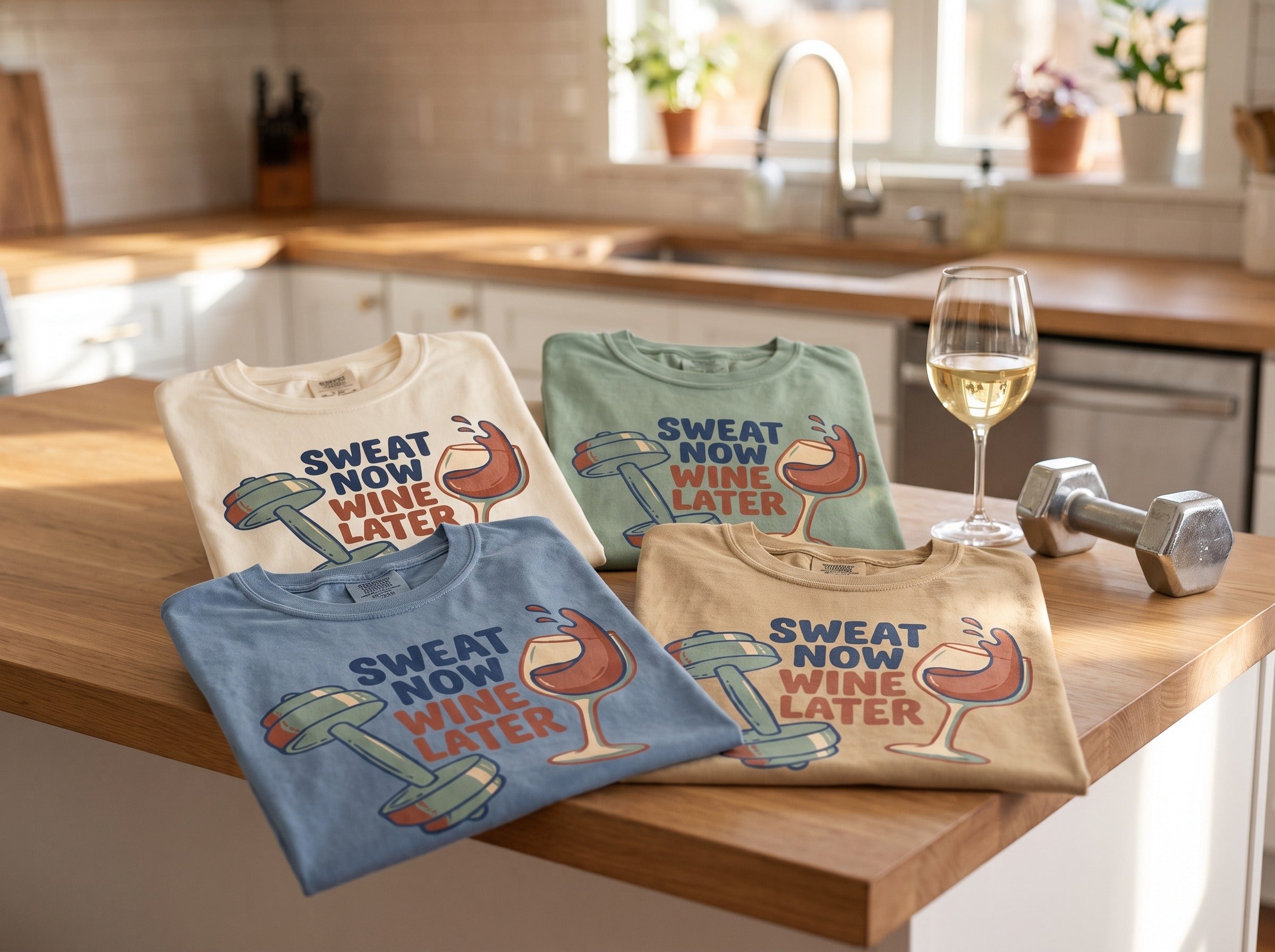 Sweat Now Wine Later tees in Ivory, Bay, Blue Jean, and Khaki folded on a kitchen counter with a glass of wine and a dumbbell