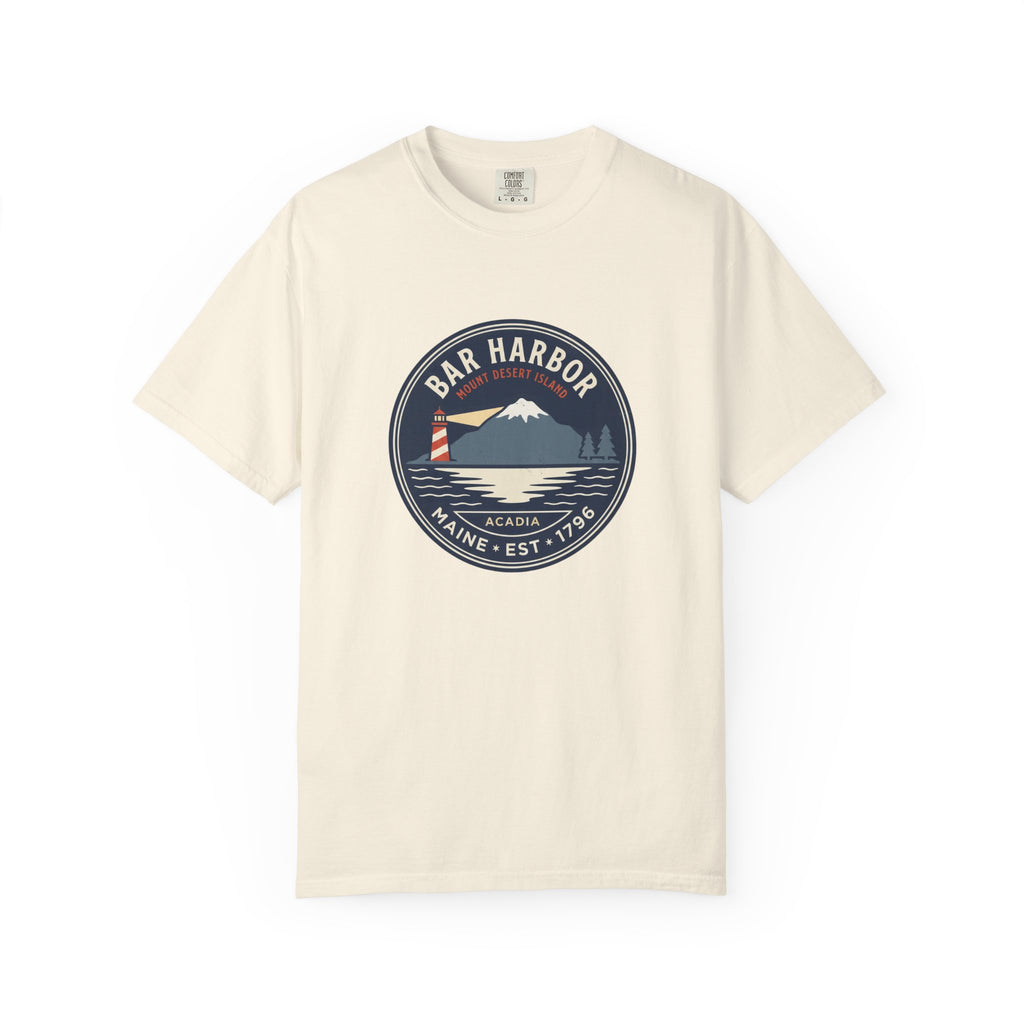 Bar Harbor Maine tee in Ivory, Acadia vintage badge with lighthouse, Cadillac Mountain and evergreens in a navy roundel, EST. 1796