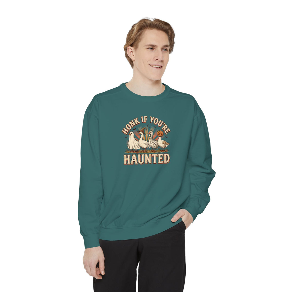 Funny Halloween Crewneck Sweatshirt | Honk If You're Haunted Goose Art | Comfort Colors Garment Dyed