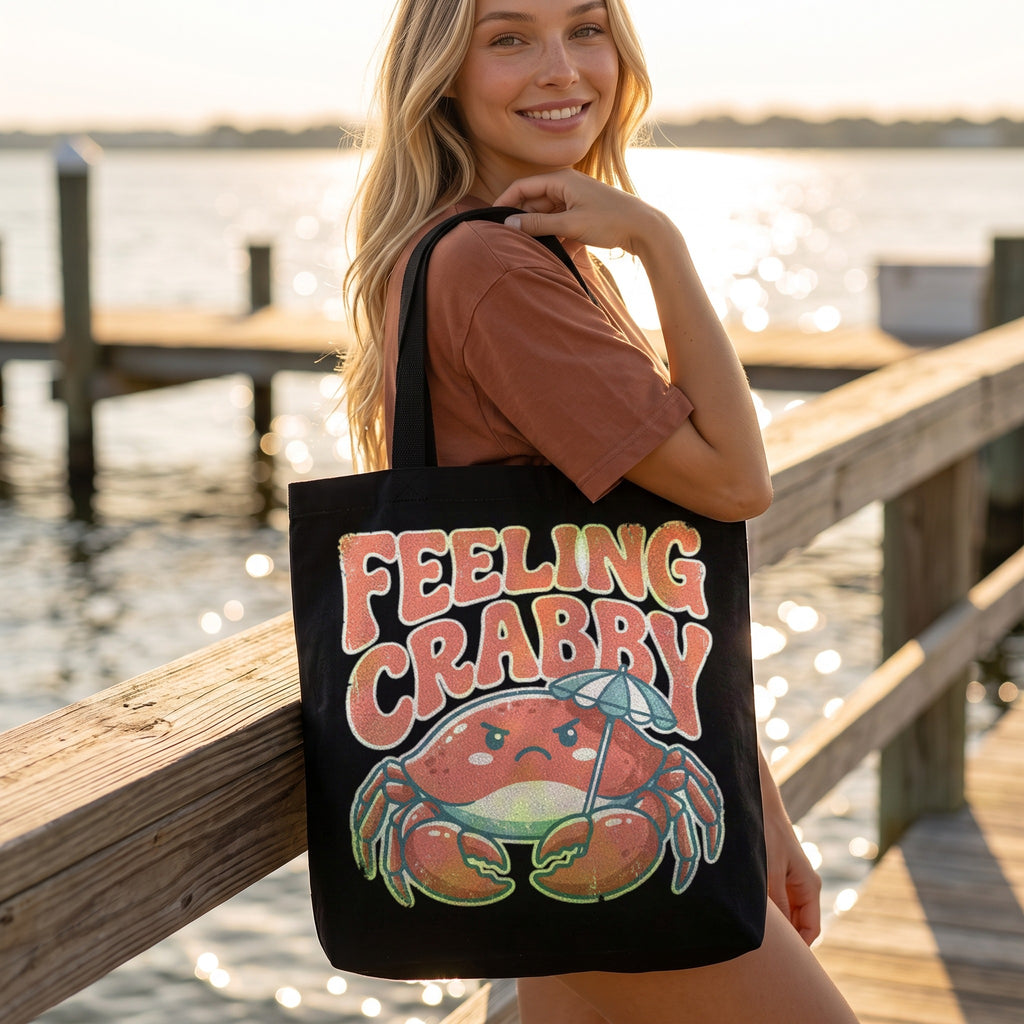 Feeling Crabby Canvas Tote Bag in black, worn by an approved model, close lifestyle photograph
