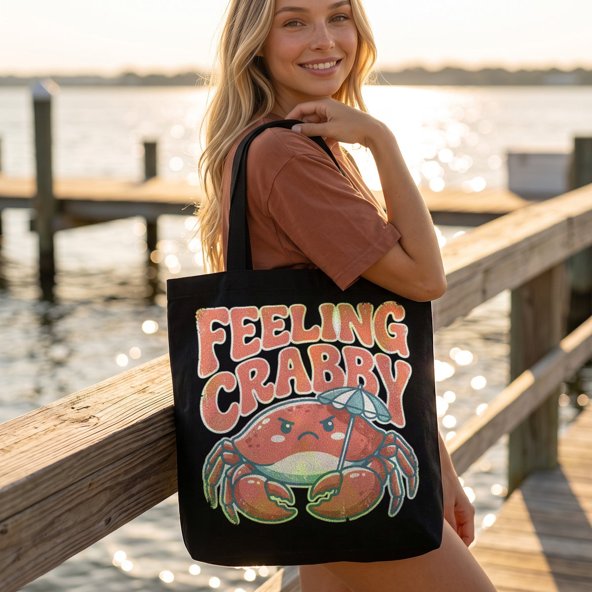 Feeling Crabby Canvas Tote Bag in black, worn by an approved model, close lifestyle photograph
