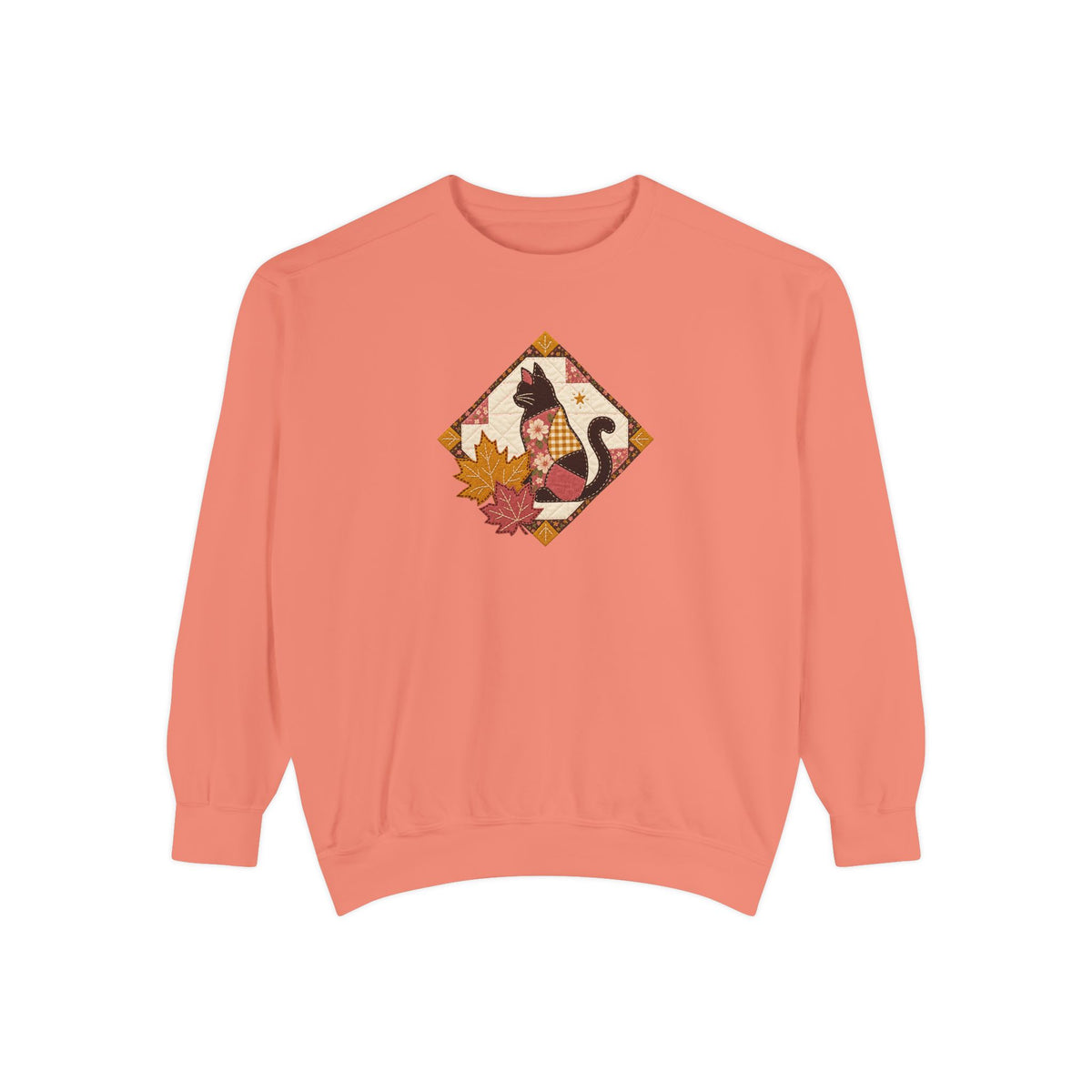 Black Cat Crewneck Sweatshirt | Vintage Patchwork Quilt Fall Art | Comfort Colors Garment Dyed