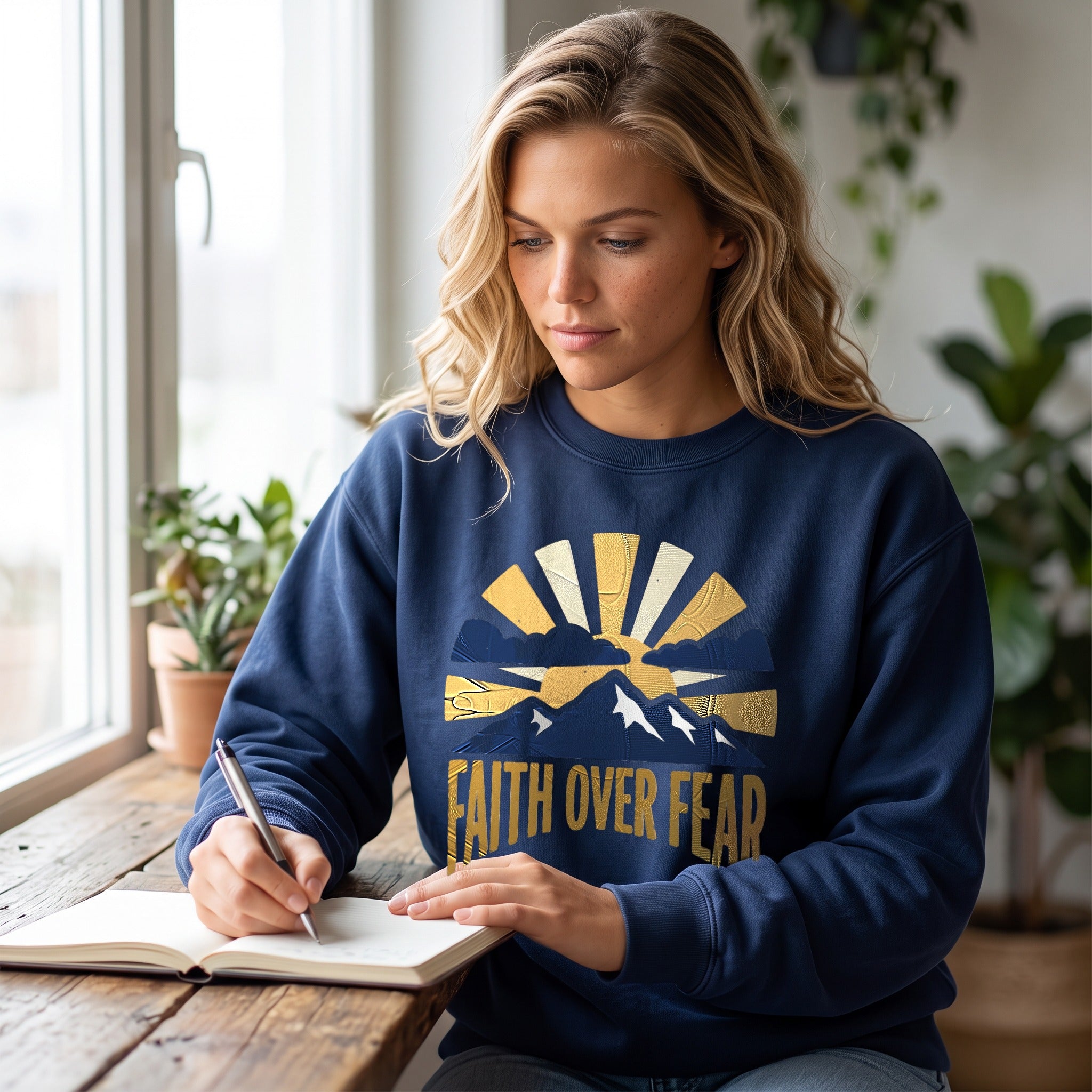 Faith Over Fear crewneck sweatshirt in true navy, worn by an approved model, close lifestyle photograph