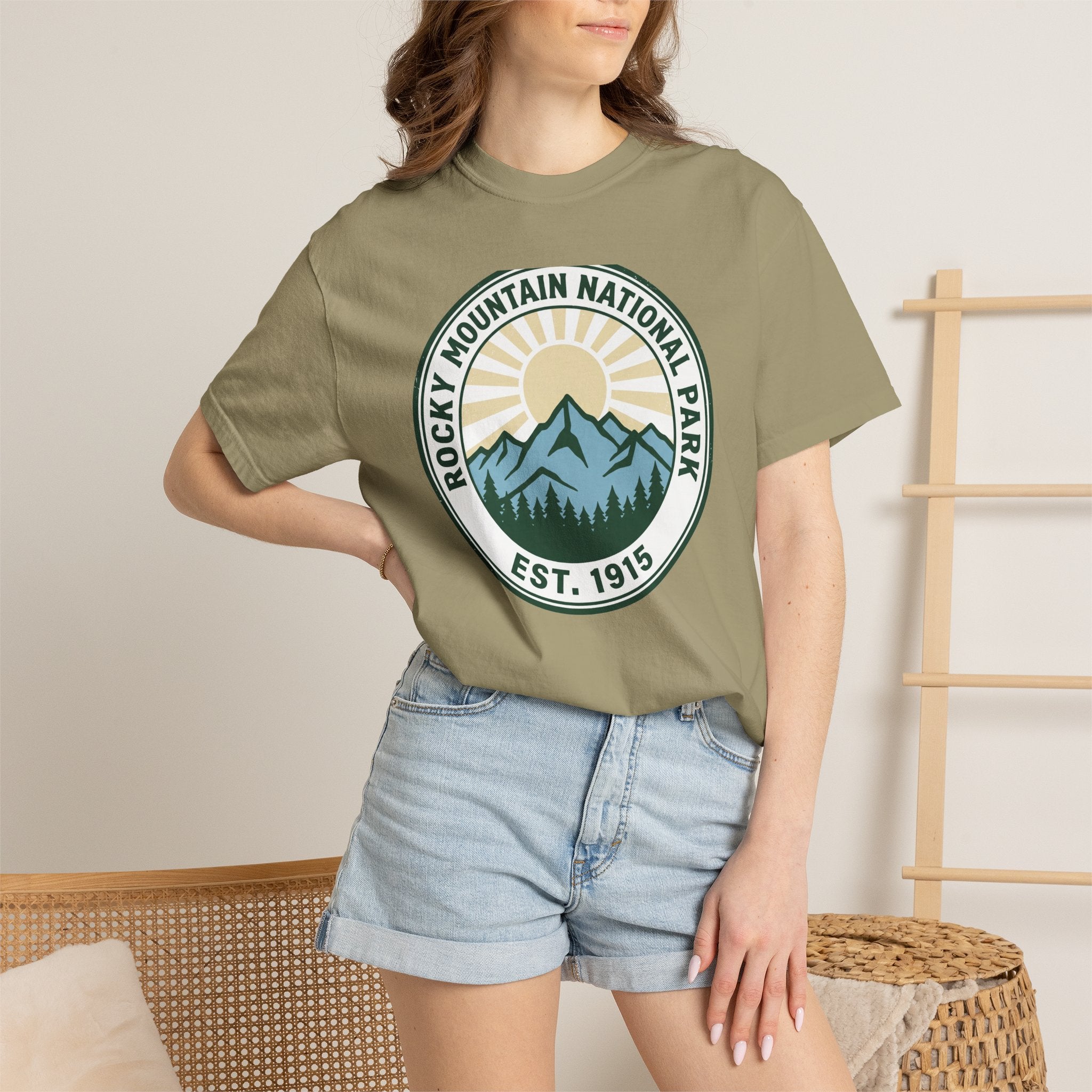 Rocky Mountain National Park vintage tee, EST. 1915 circular mountain sunrise badge, alternate product view