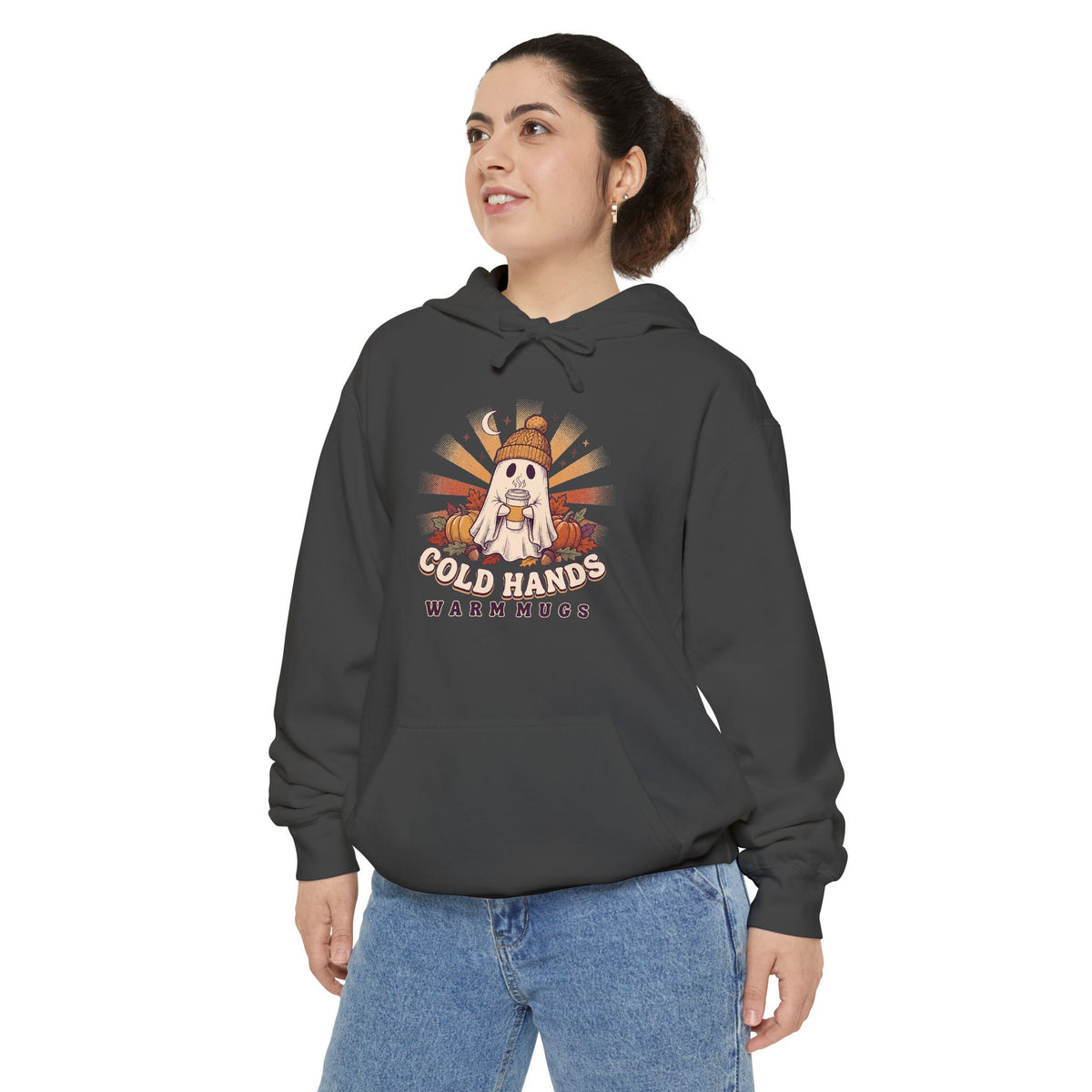 Cozy Ghost Hoodie | Cold Hands Warm Mugs Fall Coffee Art | Comfort Colors Garment Dyed